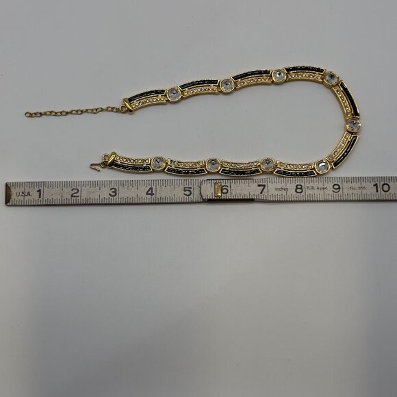Vintage Runway Monet Gold Rhinestone Black Enamel Necklace Sectional Collar - Picture 7 of 8